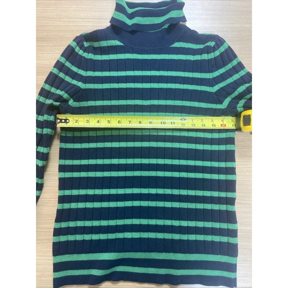 Talbots Women's Size L Green Navy Blue Striped Ribbed Turtleneck Sweater‎ Cute!